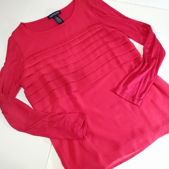 By Artisan Pink Long Sleeve Layer Ruffle Front Round Neck Tunic Top Blouse Sz M - Picture 6 of 9
